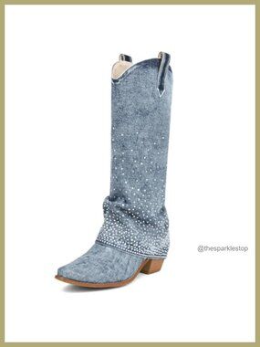 Rhinestone Denim Fold Over Knee-High Cowboy Boots Women